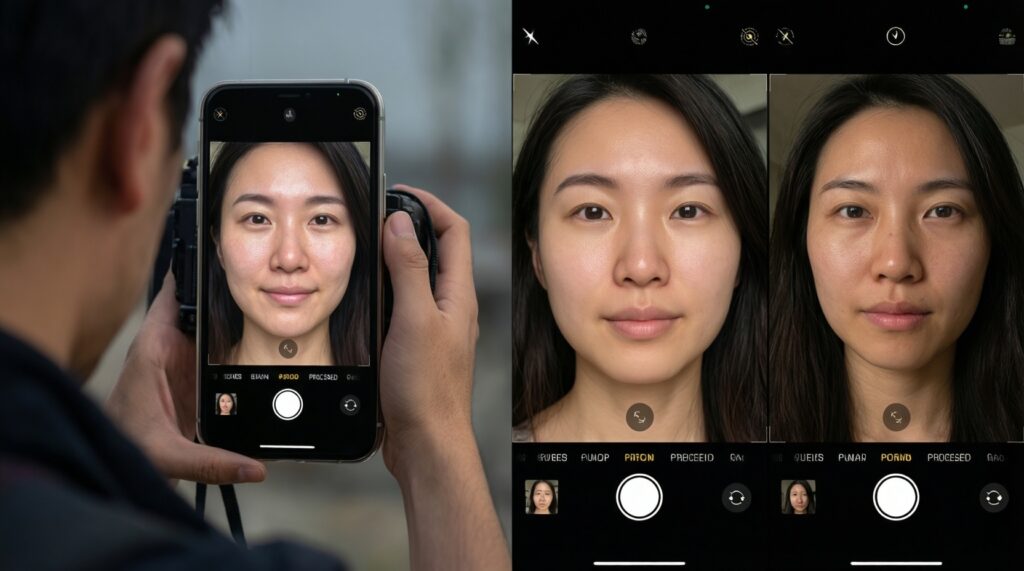 เปรียบเทียบกล้องมือถือสายถ่ายคน vs สายถ่ายวิว: โทนสี ผิวหน้า ไดนามิกเรนจ์ กลางคืน - иллюстрация